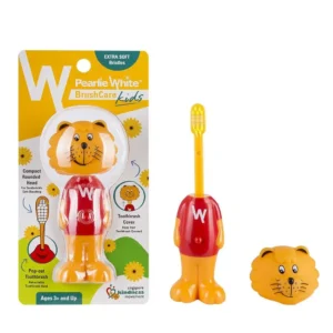 This multi-colored Pearlie White kids toothbrush with a protective cover helps children aged 3 and above develop good oral health habits and makes brushing a fun experience.