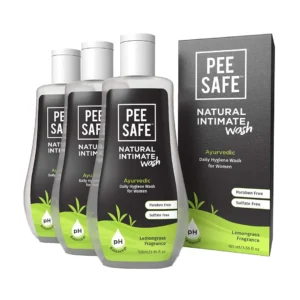 Three bottles of Pee Safe Natural Intimate Wash for women, an Ayurvedic formula with tea tree oil to prevent itchiness and maintain a healthy pH balance.