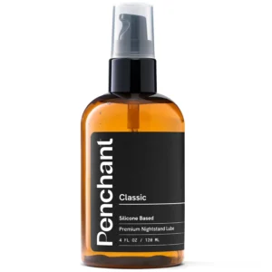 A 4oz bottle of Penchant silicone based personal lubricant for sensitive skin, free of parabens and glycerine, suitable for both men and women.