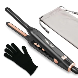 This small pencil flat iron with 3/10 inch thin plates is perfect for styling short hair, pixie cuts, bangs, and edges at home or while traveling with its dual voltage and included heat-resistant pouch.