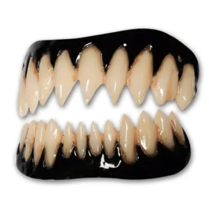 Black Pennywise fangs 2.0 are flexible costume teeth with thermal beads for easy fitting, including a velvet bag and retainer case.