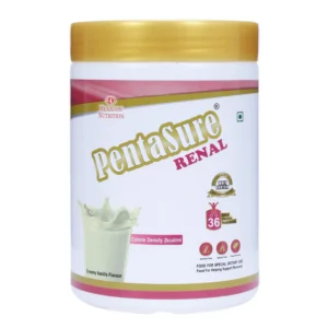Pentasure Renal creamy vanilla flavored kidney support nutrition powder, a calorie-dense supplement with low whey protein for renal care.