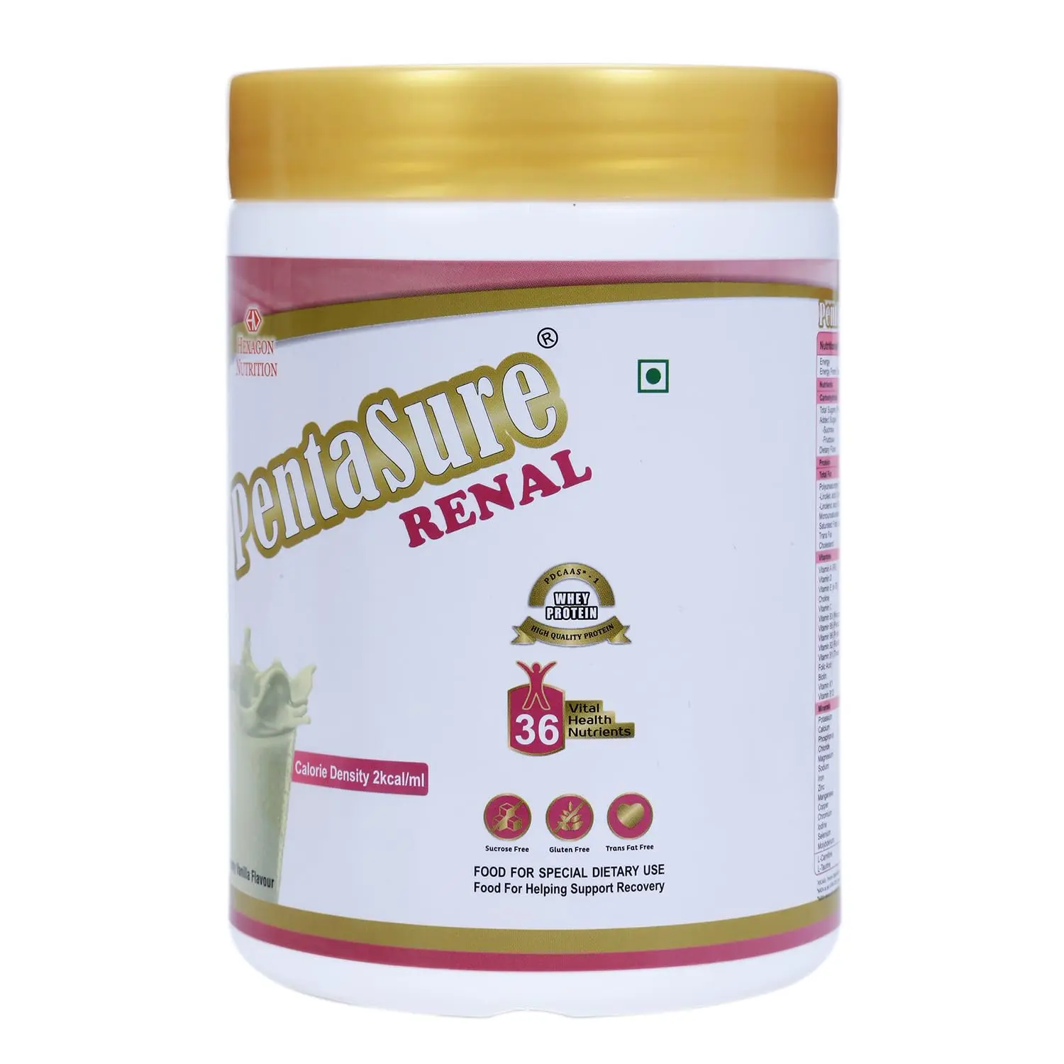 Pentasure Renal creamy vanilla flavored kidney support nutrition powder, a calorie-dense supplement with low whey protein for renal care.