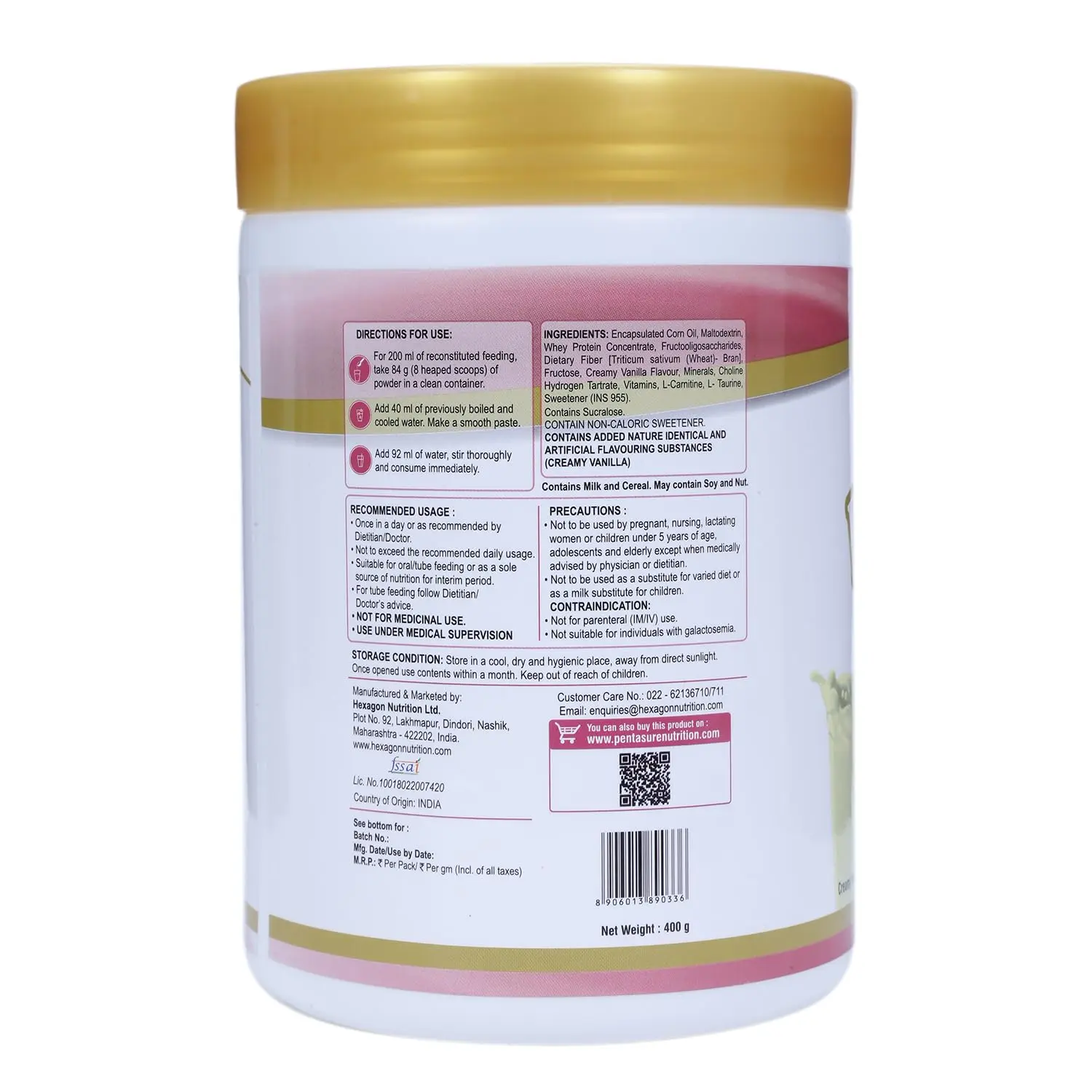Pentasure Renal creamy vanilla flavored kidney support nutrition powder, a calorie-dense supplement with low whey protein for renal care.