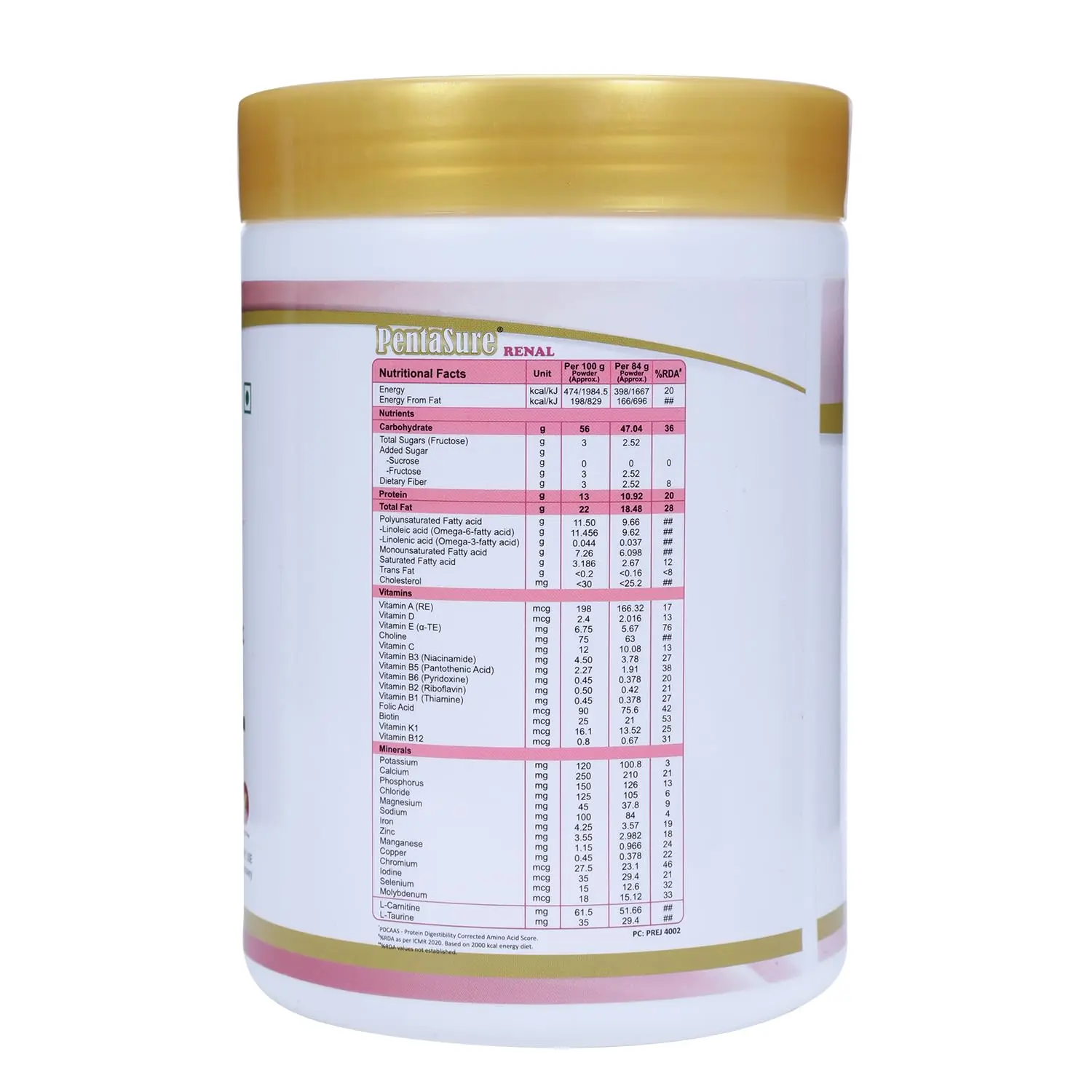 Pentasure Renal creamy vanilla flavored kidney support nutrition powder, a calorie-dense supplement with low whey protein for renal care.