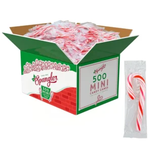 This is a 500-count box of individually wrapped, red and white, OU kosher, gluten-free, and allergen-free Spangler peppermint mini candy canes.