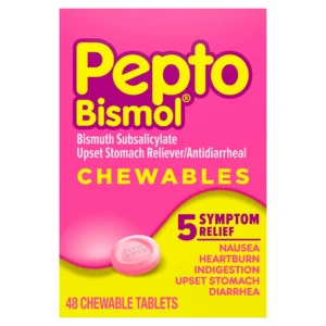 A box of Pepto Bismol chewable tablets offers fast relief from nausea, heartburn, indigestion, upset stomach, and diarrhea, providing a convenient way to soothe your digestive system.