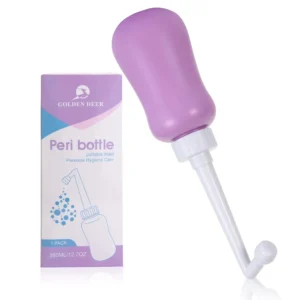 Purple GOLDEN DEER peri bottle designed for postpartum care, showing the angled spout and travel bag, ideal for perineal cleansing and personal hygiene at home or while traveling.