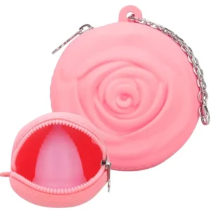 Pink silicone Peri menstrual cup storage bag with a metal chain, perfect for carrying your period cup and other small items on the go.