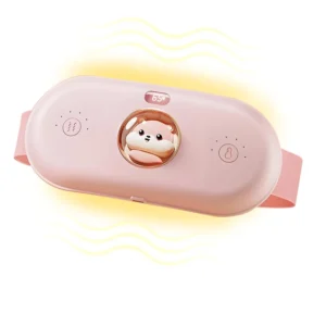 Pink cordless heating pad belt with adjustable straps offers menstrual cramp relief with four heat levels and five massage modes for women.