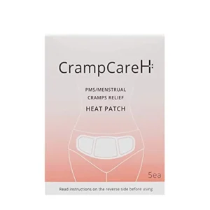 Five thin, foldable FDA registered heat patches with wide wings provide warm, discreet pain relief for menstrual cramps and PMS by comfortably attaching to underwear.