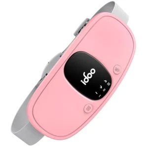 iDOO period heating pad in pink, providing pain relief and comfort for women with menstrual cramps, featuring adjustable heat levels and a massage function.