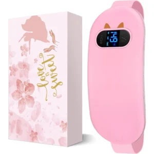 Pink cordless period heating pad provides relief from cramps and back pain with adjustable heat and massage settings, featuring a visual display and automatic shut-off for safety.
