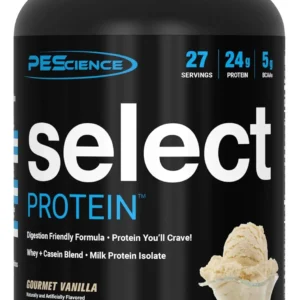 A tub of PEScience Select Protein Gourmet Vanilla protein powder, delivering 24g of protein, low carbs and fat, and over 5g of BCAA per serving for muscle support.