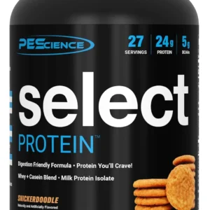 This is an image of PEScience Select Protein Snickerdoodle, a premium whey and casein blend, containing 24g of protein per serving to help build muscle.
