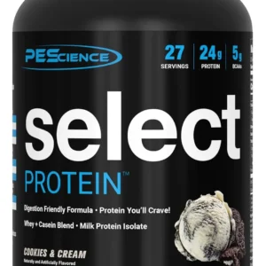 PEScience Select Protein powder in Cookies N' Cream flavor provides 24 grams of whey and casein protein per serving, is low carb, low fat, gluten-free, and contains over 5 grams of BCAA with added leucine peptides for muscle support.