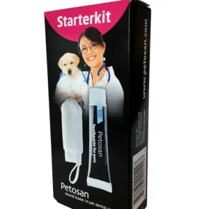 Petosan oral cleaner kit with antimicrobial finger cloth and toothpaste helps remove plaque and bacteria, promoting daily dental hygiene for pets.