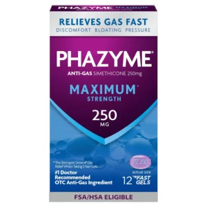 Phazyme Maximum Strength fast gels provide gas and bloating relief with simethicone in a 12 count package.
