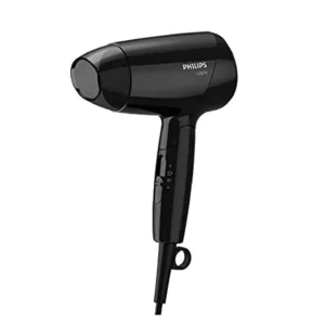 Black Philips hair dryer with foldable handle, 1200 watts power, offering three drying settings and a cool air option for gentle and compact hair styling.