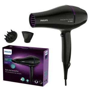 Black Philips 2200W hair dryer with ThermoProtect, delivering airspeed up to 130 km/h for quick and effective hair drying thanks to its powerful AC motor.