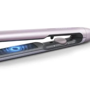 Philips 5000 Series mauve hair straightener with ThermoShield technology for even heat and less damage, includes a heat-resistant roll-up bag.