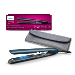 The blue Philips 7000 Series hair straightener features mineral ions for reduced UV damage and smoother plates for quick and easy styling.