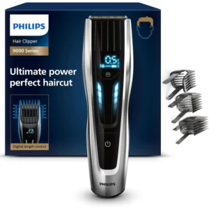 The Philips Series 9000 hair trimmer provides precise cuts with digital touch control, offering 400 length settings from 1 to 42 mm and includes three comb attachments.