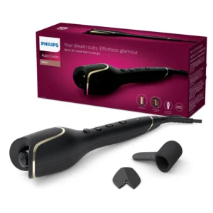 The Philips StyleCare Prestige Auto Curler BHB876/00 in black, featuring a smart curling system for creating beautiful curls quickly and easily.