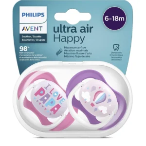 Two Philips Avent Ultra Air pacifiers in fashionable colors, designed for babies 6-18 months with a soft nipple that respects the natural development of palate, teeth, and gums, allowing baby's skin to breathe.