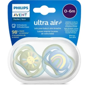 Philips Avent Ultra Air pacifiers in travel sterilizer case, breathable BPA-free dummies for babies 0-6 months.