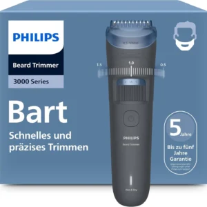 The Philips Beard Trimmer 3000 Series features self-sharpening blades with rounded tips, a precision dial with 20 length settings, a Lift&Trim system, and is 100% waterproof for easy cleaning.
