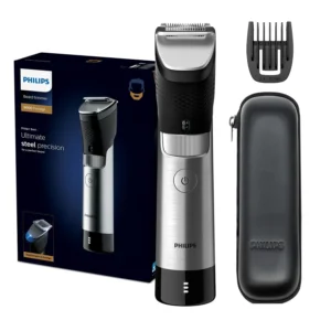 The Philips Beard Trimmer BT9810 features unique steel precision technology for an even cut, with self-sharpening full-metal blades, 30 length settings, and a durable steel body.