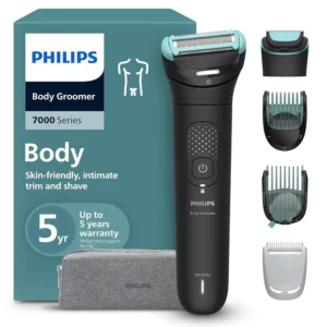 The Philips Body Groomer BG7470/15 provides a close, comfortable shave or precise trim with its dual-head system and flexible head that follows body contours, featuring an integrated optilight for enhanced guidance and a long-lasting battery.
