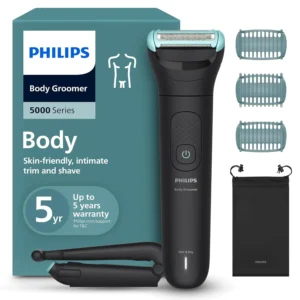 The Philips Body Groomer BG5480/15 provides a close and comfortable shave, even in hard-to-reach areas, thanks to its foldable back attachment and skin-friendly design.