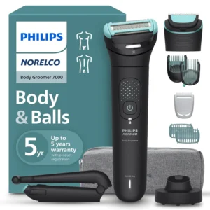 The Philips Norelco Body Groomer 7000 features interchangeable trimmer and shaver heads, 11 trimming lengths, a back attachment, and provides a close, comfortable shave with skin protection.