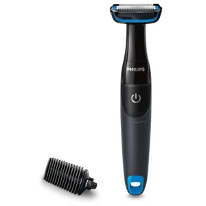 Black and blue Philips Body Trimmer 1000 series with skin protector, 3mm comb for easy wet or dry trimming in any direction.