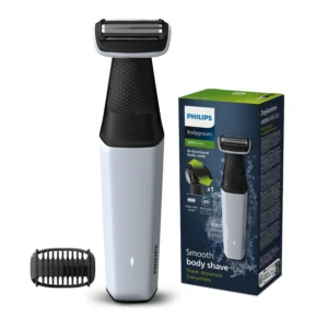 The Philips body trimmer for men is clinically tested for sensitive skin and features a patented pearl tip and hypoallergenic foil for skin-safe grooming on all body areas.