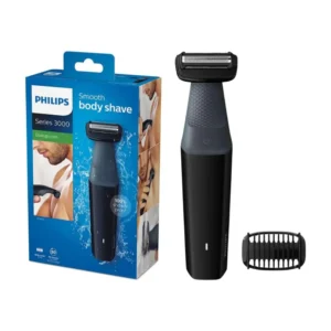 Black Philips Bodygroom Series 3000 electric shaver with 3mm comb, designed for body grooming and trimming, offering 50 minutes of cordless use.