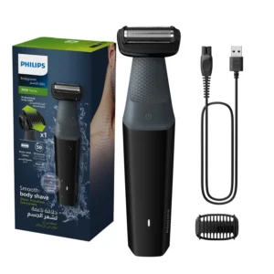 Philips Bodygroom BG3017 showerproof body trimmer with hypoallergenic blades for a close, comfortable shave, featuring a bidirectional trimmer, comb, and ergonomic grip for added control.