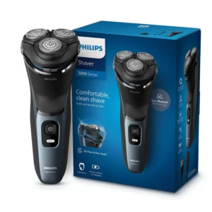 This Philips electric shaver features 5D Pivot & Flex Heads, PowerCut blades, and a rubber grip handle for a comfortable wet or dry shave, protecting sensitive skin.