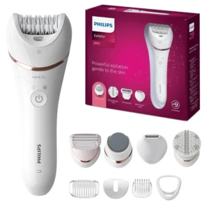 Philips Epilator Series 8000 offers smooth hair removal, even on hairs shorter than waxing, with multiple attachments for delicate areas, exfoliation, trimming, and pedicure, and can be used wet or dry.