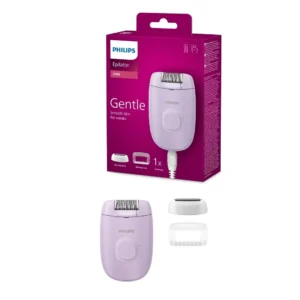 Philips 2000 series corded epilator with shaver head and massage cap, perfect for beginners and providing up to 4 weeks of hair-free skin.
