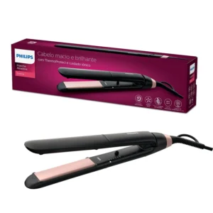 The Philips Essential ThermoProtect straightener is displayed, promising sleek and healthy hair styling.