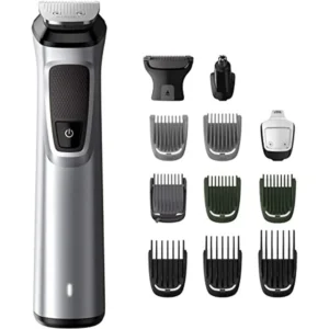 Philips Series 7000 MG7715/65 multi grooming kit for beard, hair, and body with a premium metal handle and nose trimmer attachment.