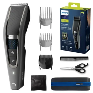 Philips Series 7000 hair clipper with self-sharpening blades, 28 adjustable length settings, long battery life, and comb attachments for precise and comfortable hair cutting at home.