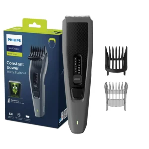 The Philips Series 3000 hair clipper with DuraPower technology and self-sharpening metal blades provides 13 adjustable length settings and comes with a beard comb.