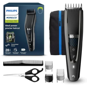 This is a Norelco Philips Hair Clipper 7000 Series with 28 length settings and advanced technologies like PowerAdapt, Trim-and-Flow, and DualCut for precise, even haircuts and beard trimming.