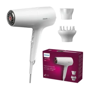 White Philips 5000 series hair dryer with ThermoShield technology and ionic care, including a styling nozzle and volume diffuser.