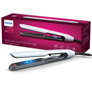 Blue Philips hair straightener with ThermoShield and Argan oil infused plates for faster straightening and frizz-free, shiny hair.