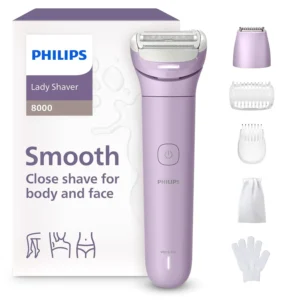 The Philips Lady Shaver Series 8000 provides a close and comfortable shave with its flexible head, LED light, and 3-blade system, perfect for legs, body, and bikini area.